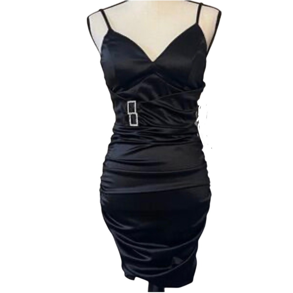 Honey and Rosie Black Satin Ruched Bodycon Mini Dress Rhinestone Buckle Small